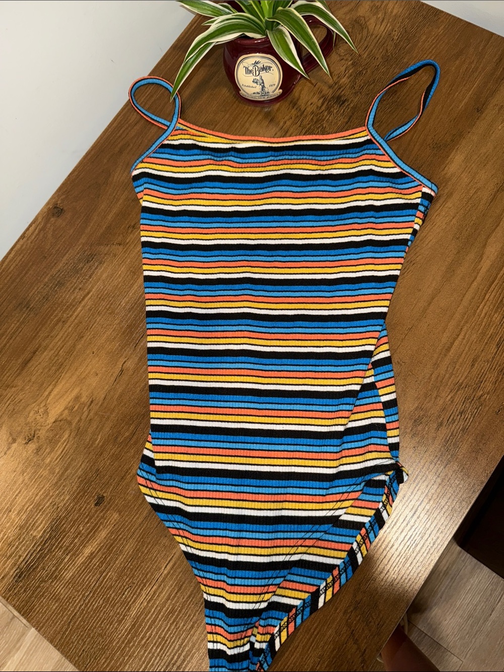 gaze Blue, Yellow, Orange and Black Striped Ribbed Tank